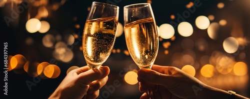 close up on hands of a couple holding glasses of champagne making a toast. celebration with champagne with blurred background boke golden lights, new year, Christmas or wedding concept