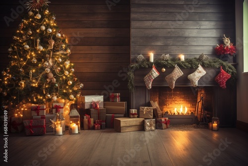 interior christmas wooden living room. magic glowing tree, fireplace, gifts under the tree