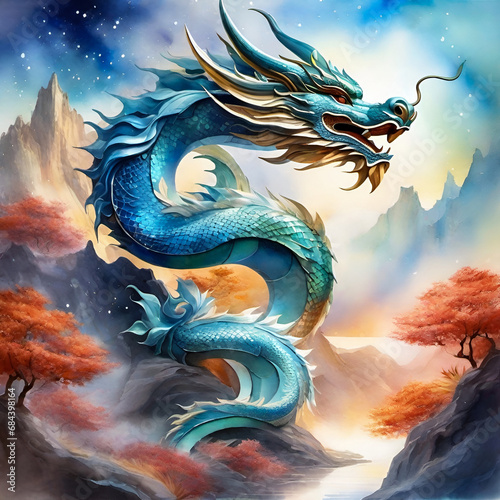 ドラゴン、岩山に住む青龍の水彩画