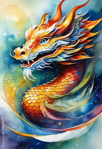 Fotografie ドラゴン、夢に現れた金龍の水彩画