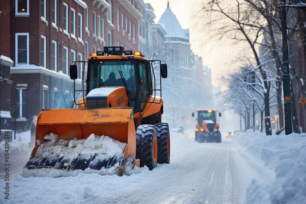 Snowplow clearing the street of snow - obrazy, fototapety, plakaty 