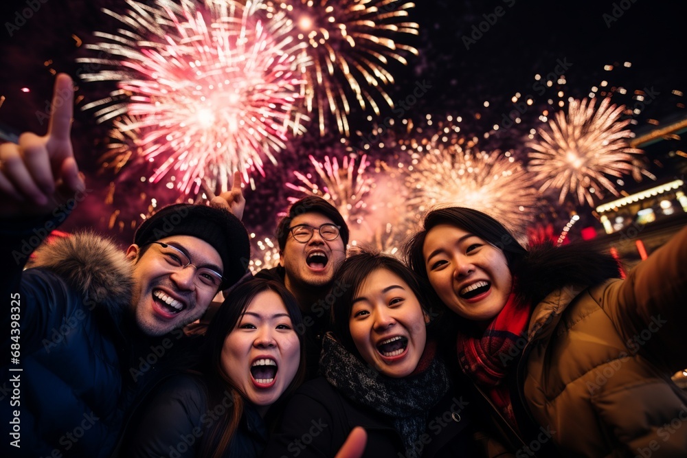 group of Asian friends taking a selfie on new year’s eve celebration, with fireworks at the background, young adults smiling cheerfully having a good time nightlife - obrazy, fototapety, plakaty 