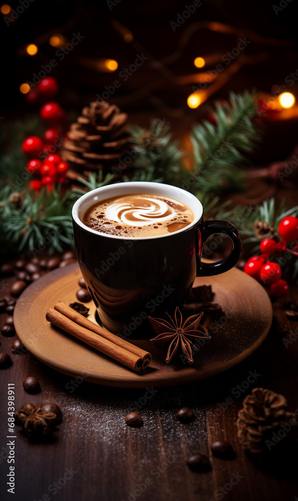a cup of hot coffee against cozy the backdrop of a Christmas atmosphere a cup of hot coffee against cozy the backdrop of a Christmas atmosphere