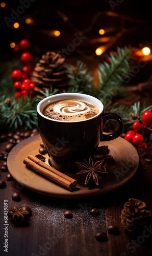 a cup of hot coffee against cozy the backdrop of a Christmas atmosphere