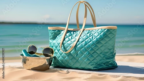A detailed look at a luxurious beach bag made of soft, quilted fabric with a metallic sheen. The handles are made of leather for a touch of elegance, and theres a matching cosmetic case included. photo