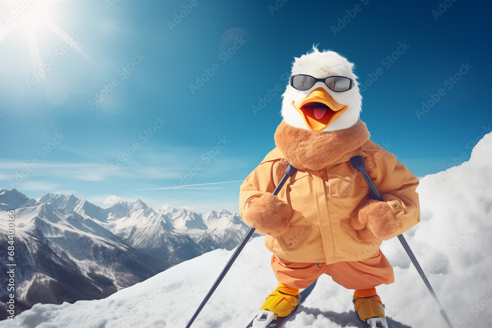 Duck skiing on a snowy mountain under the blue sky