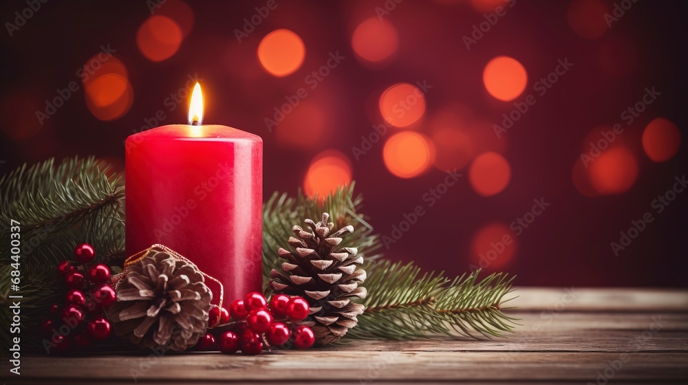 Christmas background - First Advent Sunday - Red Advent candle with natural Xmas decoration, branches and pine cones on rustic wood with magic lights , copy space, generative ai Christmas background - First Advent Sunday - Red Advent candle with natural Xmas decoration, branches and pine cones on rustic wood with magic lights , copy space, generative ai