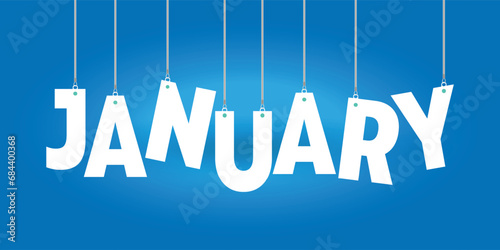 JANUARY word hanging on the ropes on colorful background vector 3d illustration.
