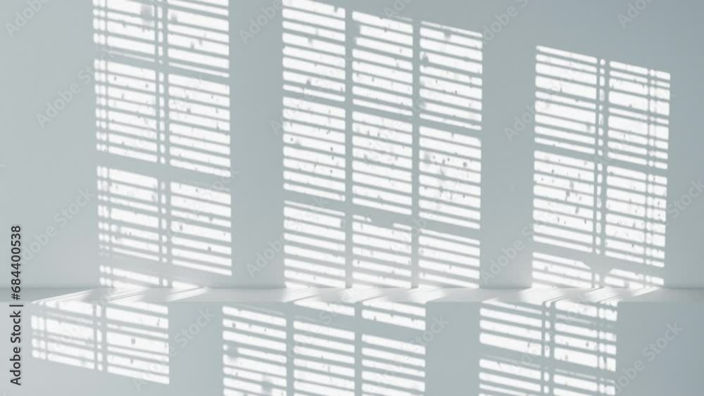 3D render of winter time animation with falling snow behind window with blinds and shadow on the wall of them, 4K Merry Christmas seamless loop background