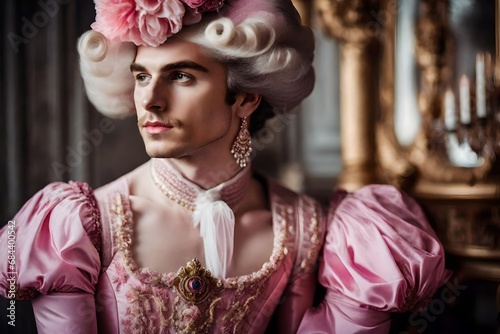 Close - up regency solo photo of feminine young man in Marie Antoinette dress with pink poofy photo