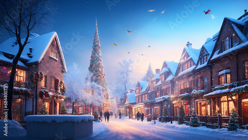Stunning vector illustration of a Christmas town city. Old town street becomes a festive masterpiece in the winter season. AI-Generated photo