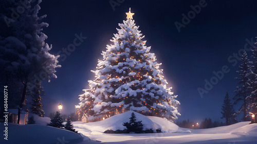 Xmas tree covered in snow, elegantly decorated with lights that twinkle and shimmer, creating a scene of festive beauty and holiday charm. AI-Generated © nitinshankhwar