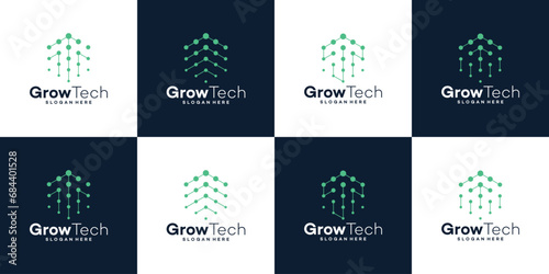 Technology startup growth logo design innovation with abstract dots, molecules and network Internet system graphic design vector illustration. Symbol, icon, creative.