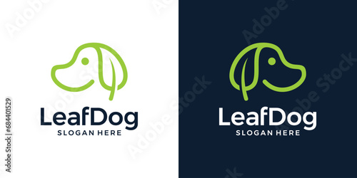 Pet care logo design template. Leaf logo with dog with line style design graphic vector illustration. Symbol, icon, creative.