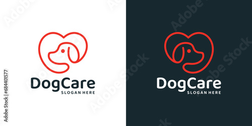 Pet care logo design template. Heart logo with dog with line style graphic design vector illustration. Symbol, icon, creative.