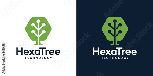 Abstract tree modern logo design template with hexagon tech style design graphic vector illustration. Symbol, icon, creative.
