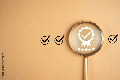 Quality guarantee and best service value concept. Warranty assurance with five stars in magnifying glass focus. High quality management of  product and certificate award, business excellence. photo