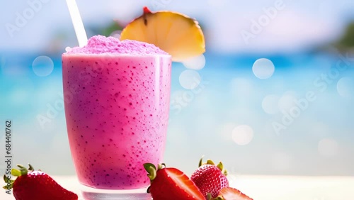 Closeup of a vibrant dragon fruit smoothie, with the bright pink of the exotic fruit, blended with creamy coconut milk and topped with a swirl of honey and a sprinkle of chia seeds. photo