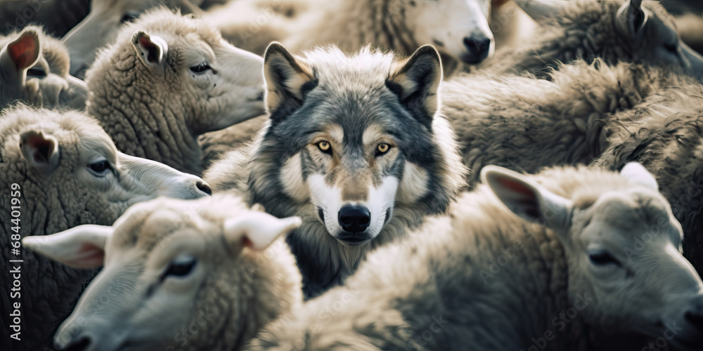 A wolf hiding among a flock of sheep, leading the way or waiting for the right moment to act
