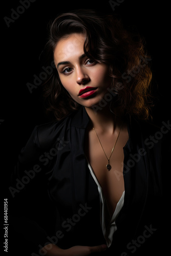 Portrait of a beautiful young woman with dark hair before dark background. Chiaroscuro.