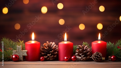 Christmas background - First Advent Sunday - Red Advent candle with natural Xmas decoration, branches and pine cones on rustic wood with magic lights , copy space, generative ai