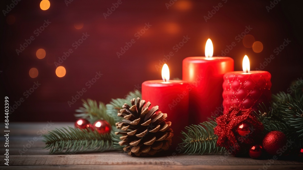 Christmas background - First Advent Sunday - Red Advent candle with natural Xmas decoration, branches and pine cones on rustic wood with magic lights , copy space, generative ai Christmas background - First Advent Sunday - Red Advent candle with natural Xmas decoration, branches and pine cones on rustic wood with magic lights , copy space, generative ai