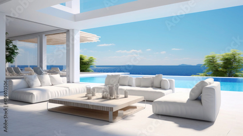 Interior modern open plan lounge patio close to the pool and ocean in background.Generative ai