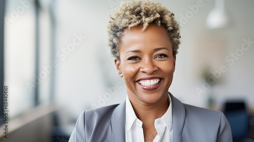 portrait of a smiling female expert, professional and successful black woman looking at a camera, businesswoman on office background