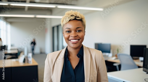 portrait of a businesswoman in the office  portrait of a smiling female expert  professional and successful black woman looking at a camera  businesswoman on office background