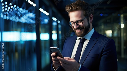smiling businessman relaxing using mobile phone, professional entrepreneur looking at screen typing mesage with smartphone, office at night photo