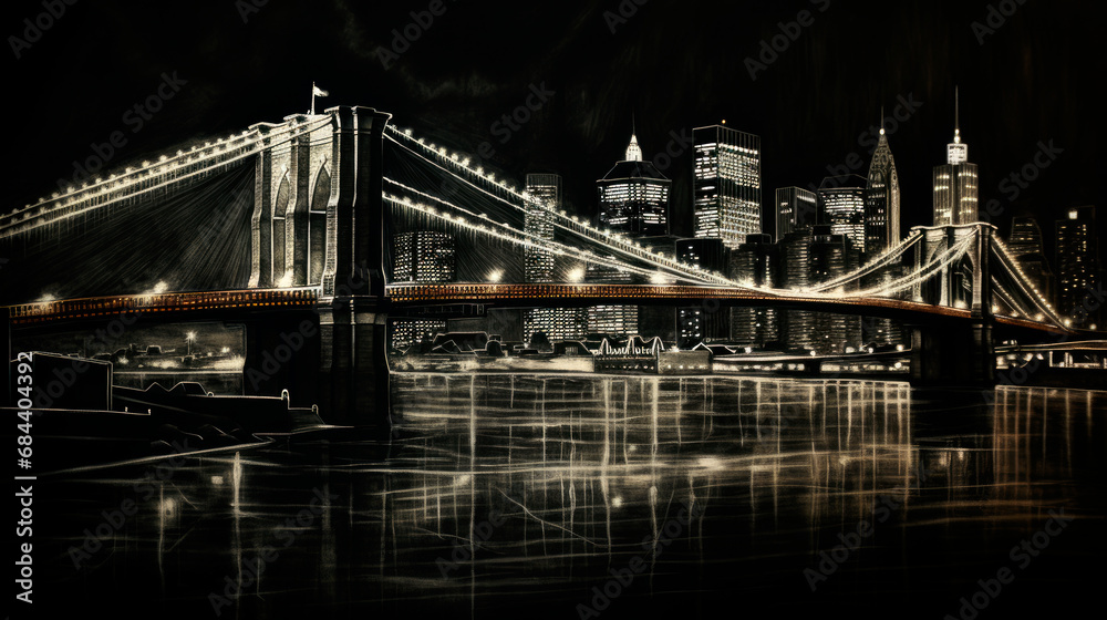 Obraz premium Illustration of the Brooklyn Bridge in New York City drawn on black paper