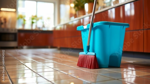 A mop bucket leaving shiny kitchen tiles 