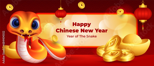 Chinese New Year of the snake banner with cute snake character, gold ingot and coins