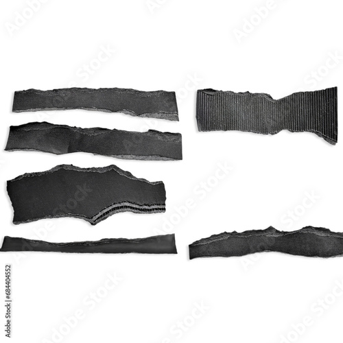 collection of black ripped textured paper strips, scraps and tape isolated over a transparent background, ideal for text and messages, cut-out vintage collage design elements, highly detailed