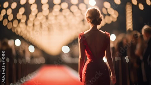 A closeup shot of a gl woman posing grandly in an exquisite designer gown with the backdrop of red carpet and glittering celebrity photo