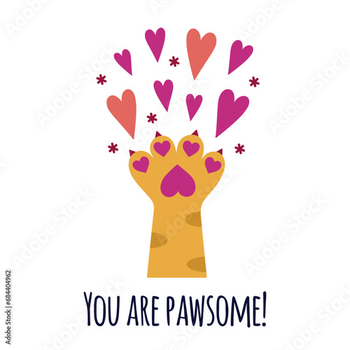 Cat paw with bright hearts, vector icon. Kitten foot with soft pink pads, claws, striped fur. Hand of a cute pet raised up, isolated on white. Flat cartoon clipart for Valentines day, date, cards, web