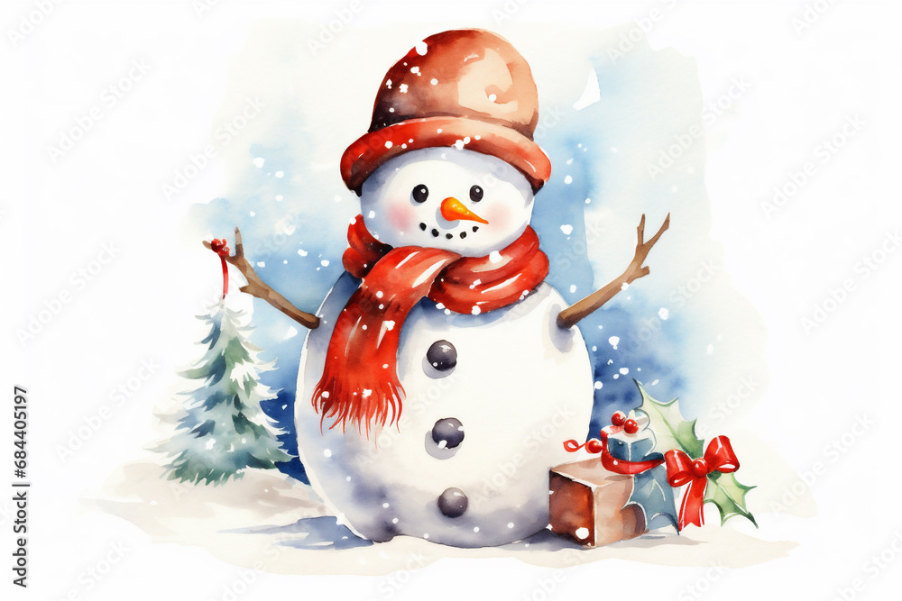 Watercolor Painting, Christmas Snowman, Generative AI