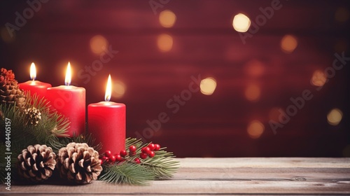 Christmas background - First Advent Sunday - Red Advent candle with natural Xmas decoration  branches and pine cones on rustic wood with magic lights   copy space  generative ai