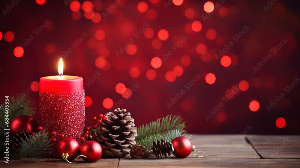 Christmas background - First Advent Sunday - Red Advent candle with natural Xmas decoration, branches and pine cones on rustic wood with magic lights , copy space, generative ai Christmas background - First Advent Sunday - Red Advent candle with natural Xmas decoration, branches and pine cones on rustic wood with magic lights , copy space, generative ai