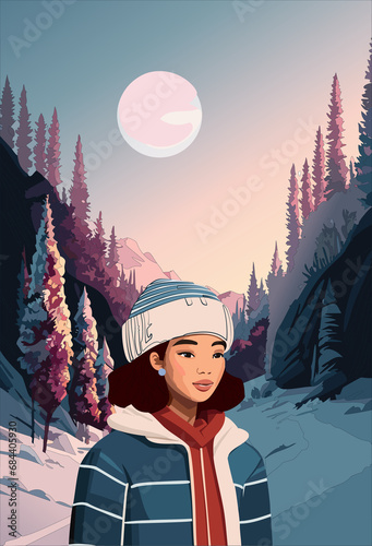 Girl in a cozy winter clothing in a serene winter scene (ID: 684405930)