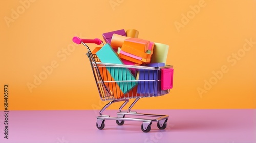 shopping cart full of valentines day shopping on colored background generated by AI tool 