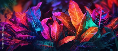 Tropical leaves background. Colorful bright foliage of monstera and palm trees in neon colors. Summer design