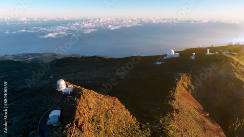 Aerial shot of the Roque de Los Muchachos Observatory on La Palma, Canary Island, Spain view at sunset photo