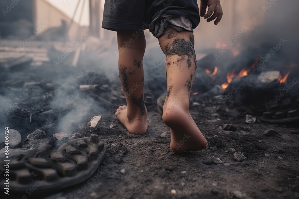 Close up on dirty feet of an unrecognizable orphan kid affected by war; child alone in the middle of earthquake or bomb explosion destruction; sad Little Boy in destroyed in Israel Gaza or Ukraine - obrazy, fototapety, plakaty 
