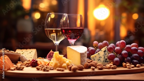 Cheese plate with grapes, walnuts and a glass of white wine
