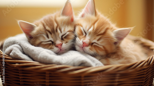 Two little kittens hug each other and sleep sweetly, concept of love, romance