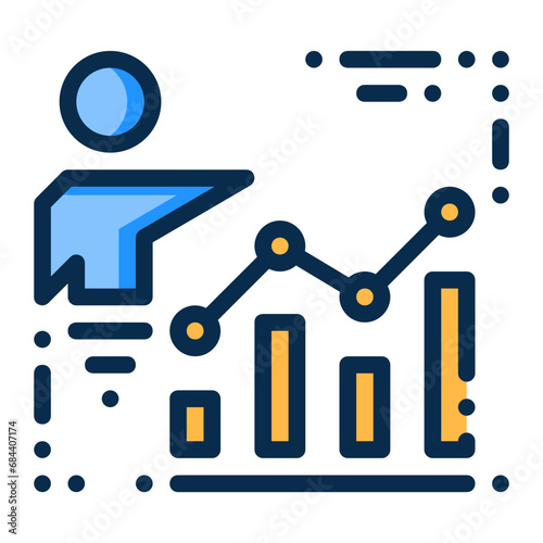 Sales report icon represented by a person pointing at a graph