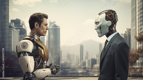 Man and AI robot waiting for a job interview: AI vs human competition photo