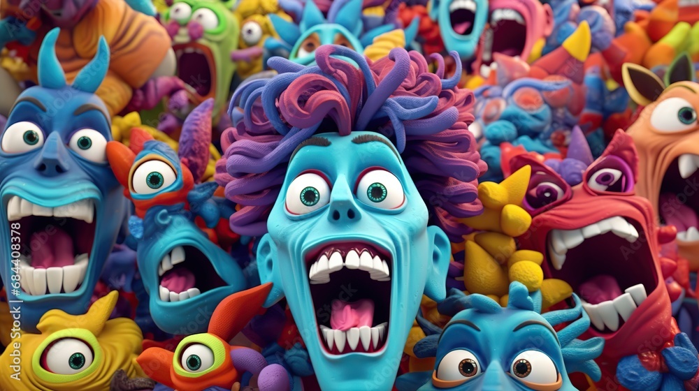 Funny monster face with mouth wide open, 3d render illustration