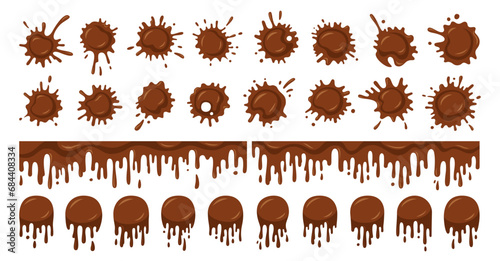 Chocolate splash and splatter cartoon set. Stain coffee or cocoa splat liquids drop icon flat splatter. Different chocolate splashes and drops drips down shape collection. Isolated vector illustration